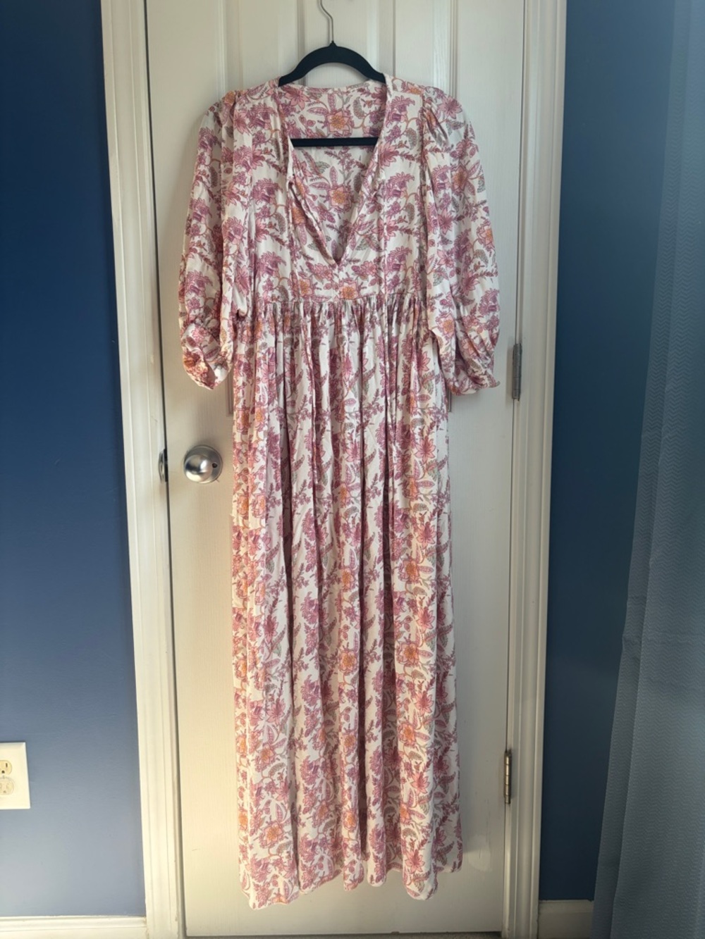 Floral Maxi Dress Boho Peasant V-Neck Flowy Cottagecore Size M Feminine Romantic